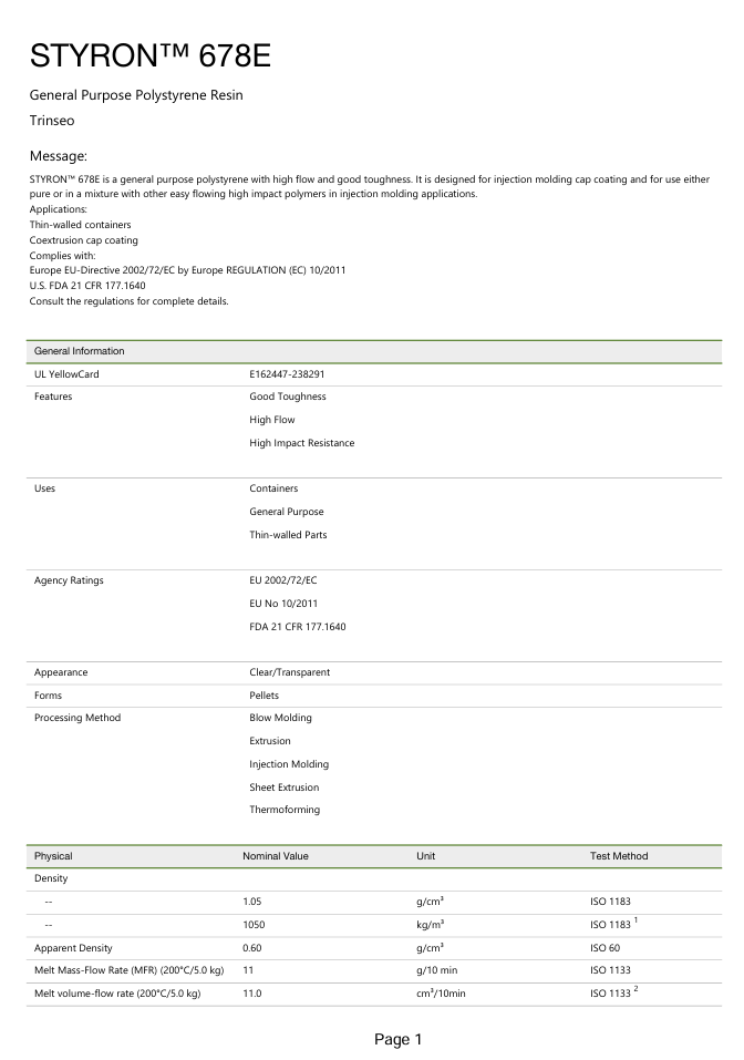 GPPS - Trinseo Styron 678E Natural