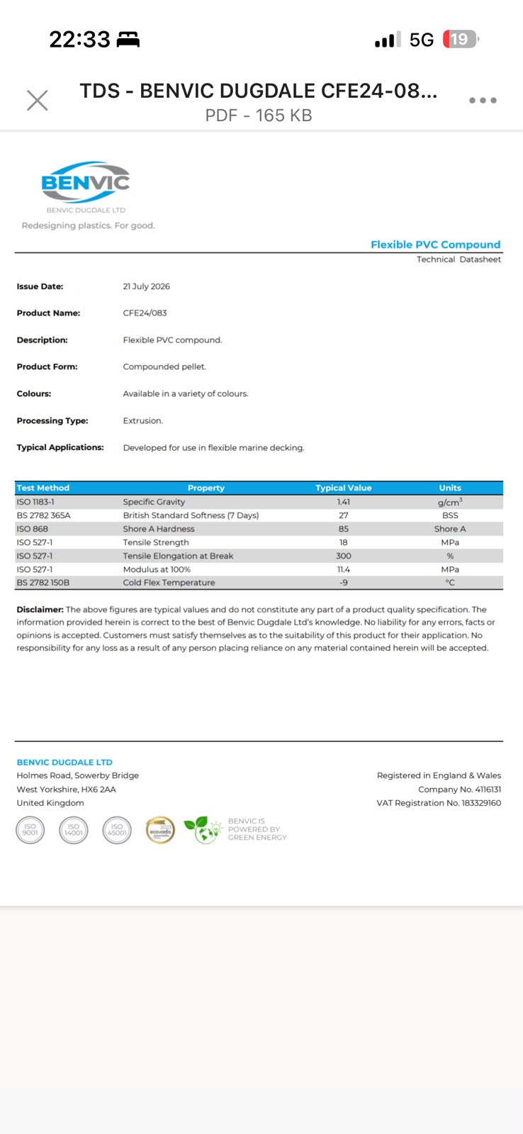 Technical data sheet for Benvic Dugdale CFE24/083 flexible PVC compound