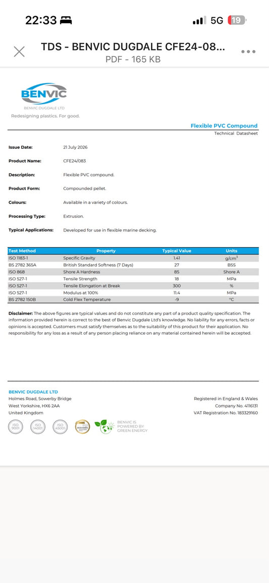 Technical data sheet for Benvic Dugdale CFE24/083 flexible PVC compound
